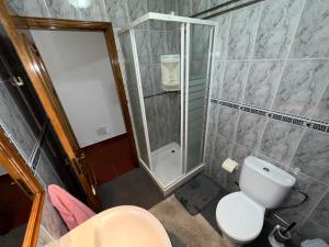 La salle de bains est pourvue d'une douche et de toilettes blanches. dans l'établissement Alojamento Vila Flor, à Praia da Vitória