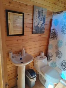 a bathroom with a sink and a toilet at Cabaña Cebra - THE Spot for GREAT Sunset views! in Jardín