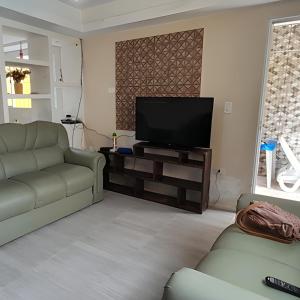 Una sala de estar con un sofá y un televisor de pantalla plana. en Hostel Sorocabana Beach, en Itanhaém