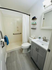 een witte badkamer met een toilet en een wastafel bij Feels like HOME escape, 1/2 Mile to beach in Gulfport