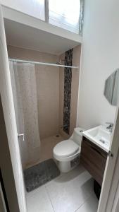 een kleine badkamer met een toilet en een wastafel bij Apartamento condominio alajuela in San Antonio