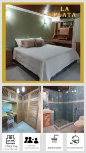 2 fotos de un dormitorio con cama y baño en Valle Suites Boutique en Valledupar