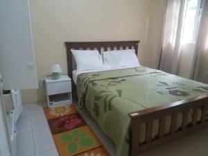 1 dormitorio con 1 cama con edredón verde en The Essence of Quiet and Comfort, en Roseau