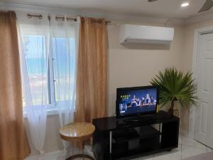 un soggiorno con TV e finestra di Ocean View Utopia a Cooperʼs Town