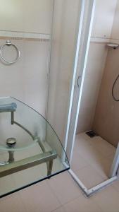 La salle de bains est pourvue d'une douche en verre et d'un lavabo. dans l'établissement New Ashley Resorts (PVT) LTD, à Nuwara Eliya
