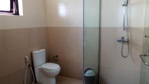 La salle de bains est pourvue de toilettes et d'une douche en verre. dans l'établissement New Ashley Resorts (PVT) LTD, à Nuwara Eliya