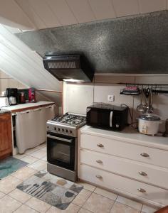 eine Küche mit einem Herd und einer Mikrowelle in der Unterkunft Cascades de la mare à poule d'eau in Salazie