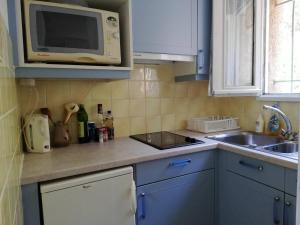 eine Küche mit blauen Schränken, einer Spüle und einer Mikrowelle in der Unterkunft Maison Le Lavandou, 2 pièces, 4 personnes - FR-1-308-194 in Le Lavandou