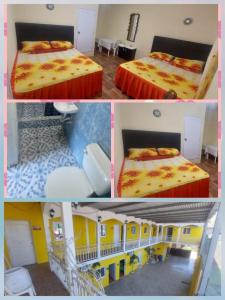 three pictures of a room with two beds and a building at Hotel La Posada de Don Chusito in Puerto Barrios