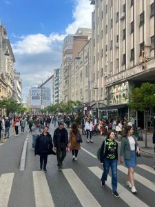 a group of people walking down a busy city street at Style Central in Bucharest