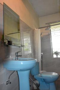łazienka z błękitną umywalką i toaletą w obiekcie Kandy Blossom Residence w mieście Kandy