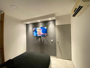 een slaapkamer met een bed en een televisie aan de muur bij Apartamento santa marta LE’More in Santa Marta