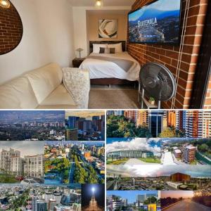 eine Collage mit Fotos eines Hotelzimmers mit einer Stadt in der Unterkunft ¡Torre Modra Apartamento Moderno Atractiva Zona 4! in Guatemala