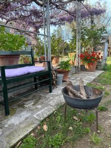 um jardim com um plantador e um banco e flores em Borghetto Sant’Angelo em Soriano nel Cimino