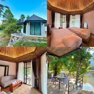 un collage de fotos de un dormitorio y una casa en Family Land Camping Resort en Vang Vieng