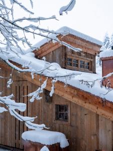 eine Blockhütte mit Schnee auf dem Dach in der Unterkunft Green Chalet from Centuries ago in Reith bei Kitzbühel