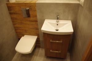 ソポトにあるSuper Apart Sopotのバスルーム(白い洗面台、トイレ付)