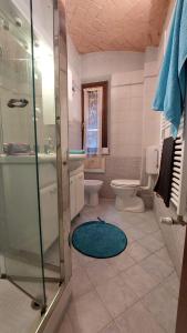 La salle de bains est pourvue d'une douche en verre et de toilettes. dans l'établissement Il Gioiellino di Modena - Elegant Apartment[☆☆☆☆☆], à Modène
