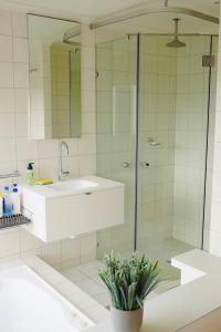 W łazience znajduje się prysznic, umywalka i lustro. w obiekcie Beauty of Healesville w mieście Healesville