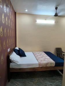 瓦拉納西的住宿－Krishna paying guest house，一间卧室配有一张带蓝色枕头的床。