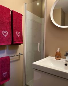 a bathroom with red towels and a sink at Alpinetouch in Aosta