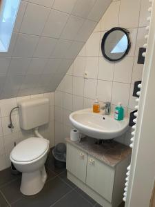 a bathroom with a toilet and a sink at Familie Alber 2P in Elze +5 photos