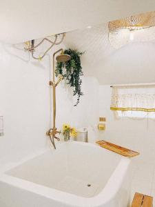 een wit bad in een badkamer met een plant bij Góc sân và Khoảng trời 2 - Đặng Thái Thân (nguyên căn) in Xuan An