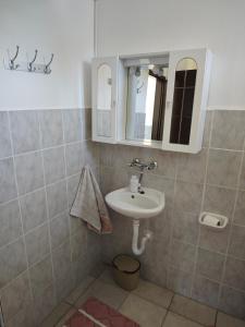 a bathroom with a sink and a mirror at Jázmin vendégház Bogács in Bogács