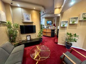 a lobby with a waiting room with plants and a tv at Hotel Victor Hugo in Clamart