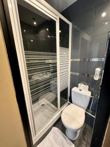 a small bathroom with a toilet and a shower at Hotel Victor Hugo in Clamart