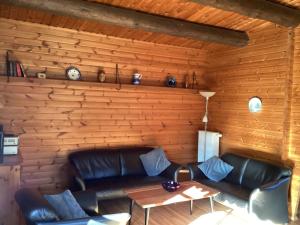 - un salon avec un canapé en cuir et une table dans l'établissement Detached holiday residence in the wonderfully beautiful Harz, à Kamschlacken