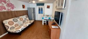 ein Wohnzimmer mit Sofa und Flachbildfernseher in der Unterkunft BAYAMO in Vigo