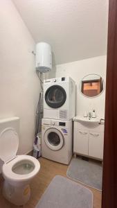 ein Badezimmer mit einer Waschmaschine und einem WC in der Unterkunft Villa Relax Tuzla in Tuzla
