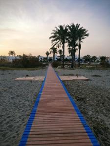 um caminho vermelho e azul numa praia com palmeiras em Appartement VERA PLAYA, Vera Coast, ANDALOUSIE em Vera