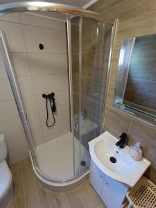 a bathroom with a shower and a sink at Domki u Reksa in Dębki