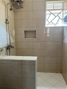 a bathroom with a shower with a sink and a window at Vero Homes in Buwate