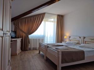 a bedroom with two beds and a large window at Complex Panicel in Râşnov