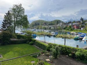 uma vista para uma marina com barcos na água em Buchtoase em Spiez