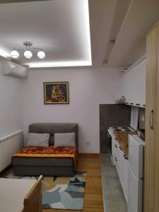 een kleine kamer met een bed en een keuken bij Atlas in Belgrado