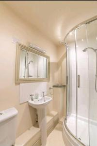 博維特蕾西的住宿－Haytor Rocks, Dartmoor escape，白色的浴室设有水槽和淋浴。