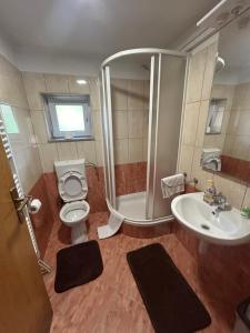 uma casa de banho com um chuveiro, um WC e um lavatório. em Apartman D&D em Jajce