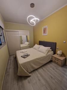 1 dormitorio con 1 cama grande y espejo en E&D Apartments en Erétria