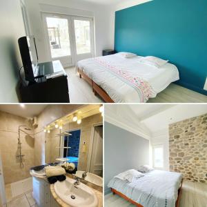 two pictures of a bedroom with a bed and a bathroom at Domaine Les Buis in Saint-Fortunat-sur-Eyrieux