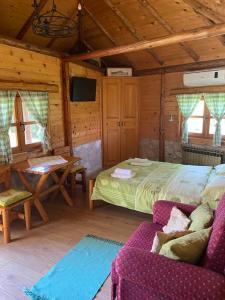 索科礦泉村的住宿－Smestaj Milovanovic，一间卧室配有一张床、一张桌子和一张沙发