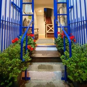 a blue door with flowers on the stairs at Studio flat - An Bonnan Bui in Rathmullan