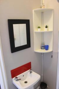 a bathroom with a white sink and a mirror at Studio flat - An Bonnan Bui in Rathmullan
