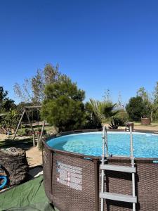 a large swimming pool with a chair and a swing at Villa Fina in Deltebre