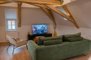 a living room with a green couch and a tv at Le 1552 - Gîte de charme - Parking Gratuit in Bergheim