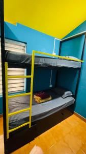 two bunk beds in a room with a blue and yellow wall at Night Space hostel in Kalpetta