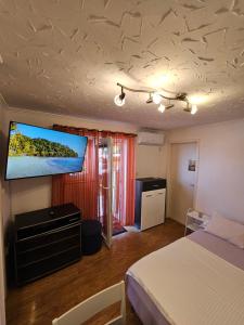 a bedroom with a bed and a flat screen tv at Dramalj 17 Apartments in Dramalj